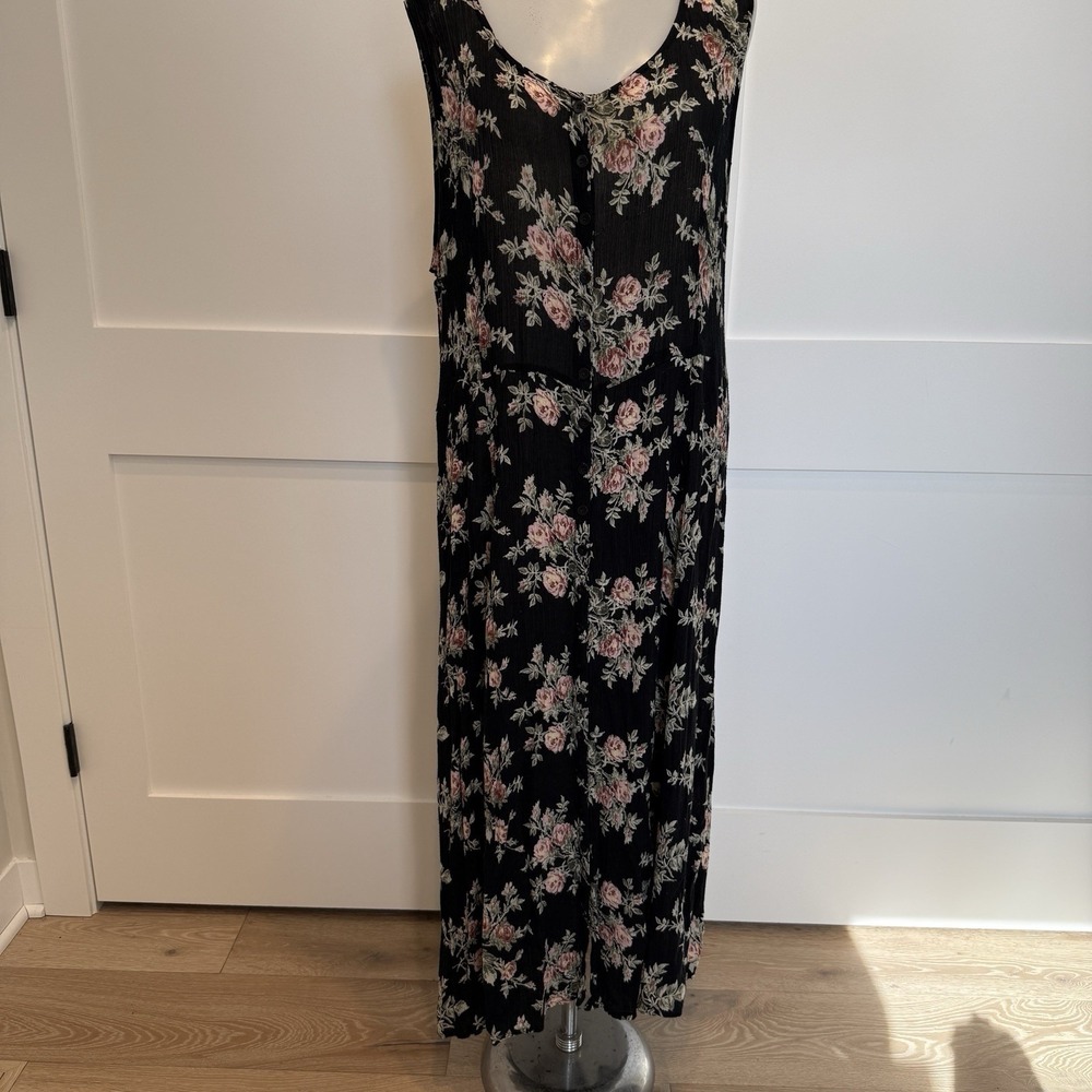 VTG 90s Floral Midi Dress Black Button Front Grunge Cottage Core Boho